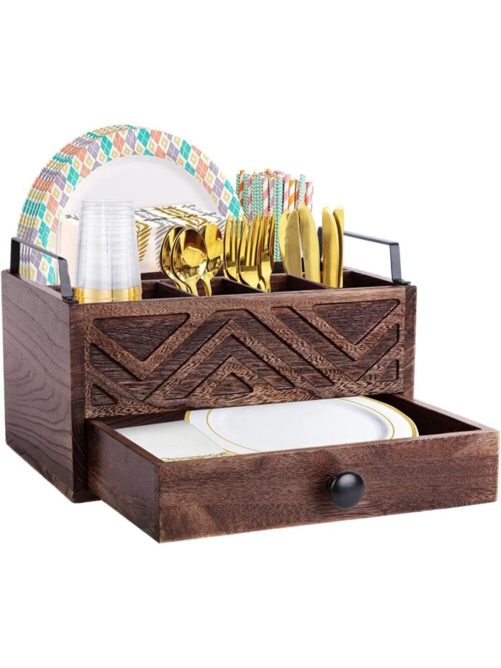 New Country Wood Paper Plate Dispenser with Drawer 6-Compartment Kitchen Caddy